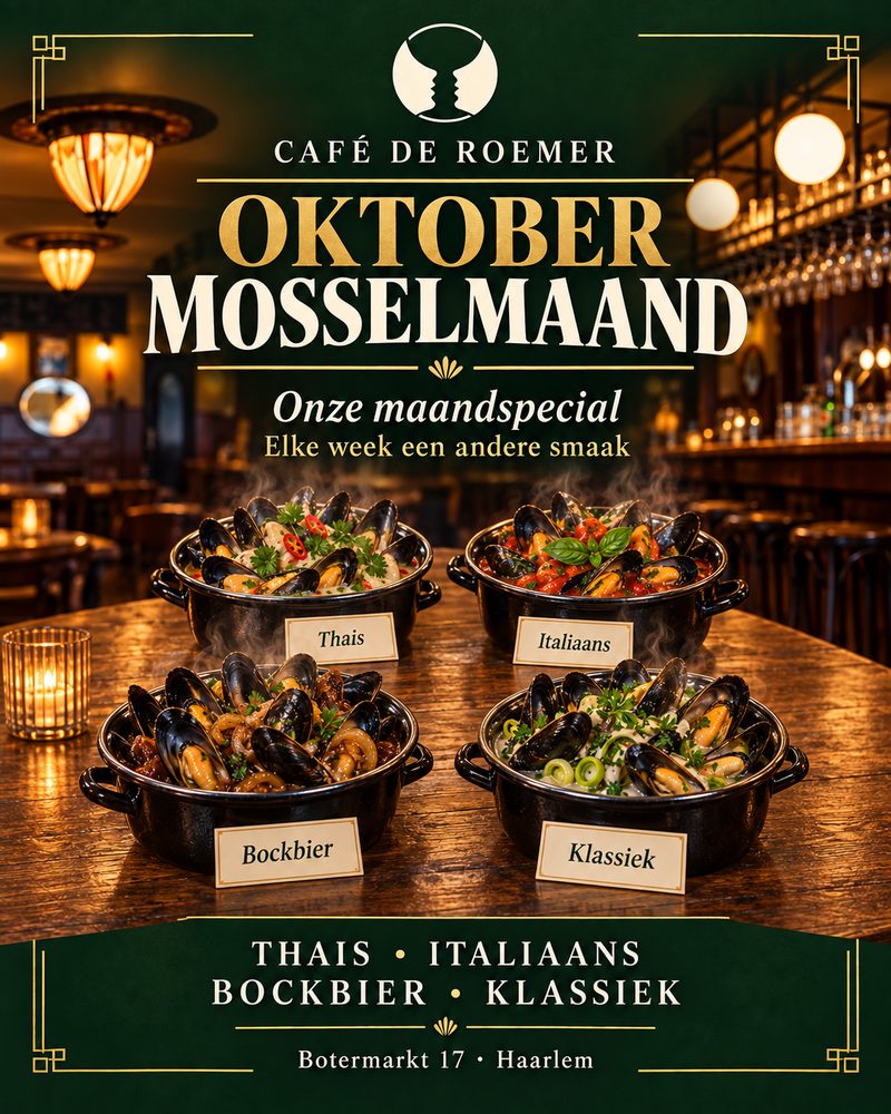 Illustratie, geen foto: vier pannen mosselen op een houten tafel in het café, met de tekst Oktober mosselmaand, onze maandspecial, elke week een andere smaak: Thais, Italiaans, bockbier en klassiek.