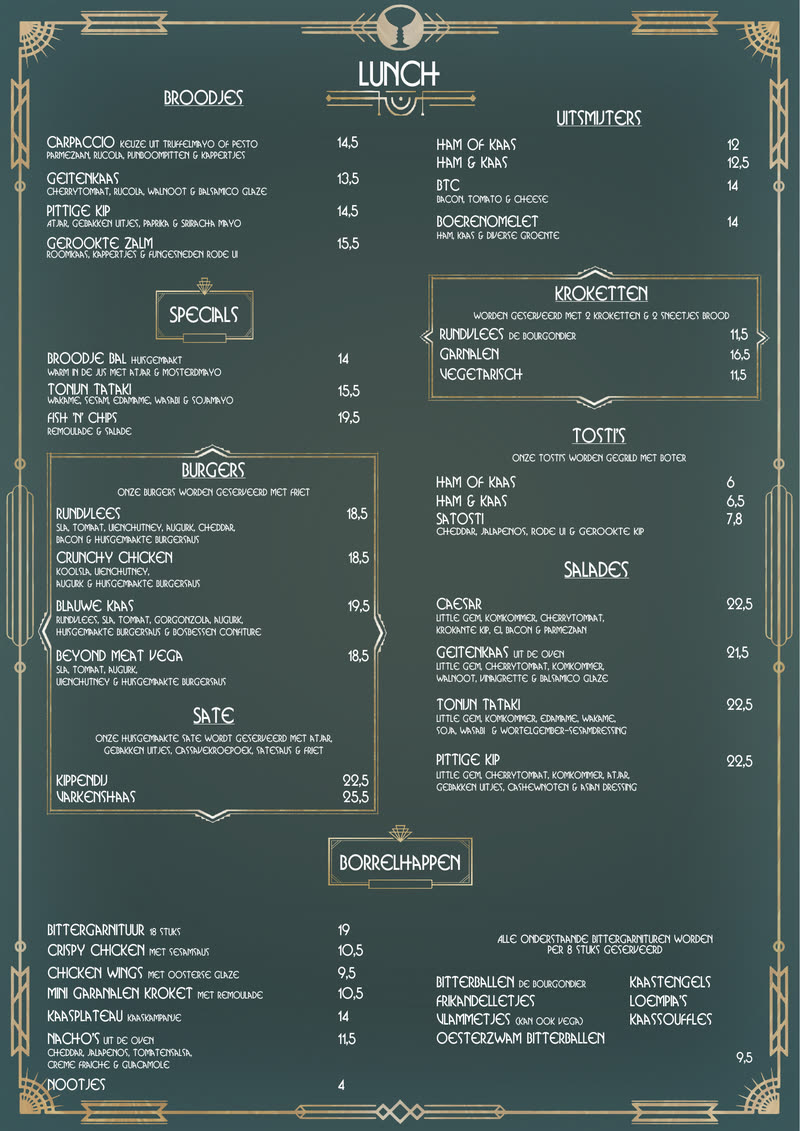 De lunchkaart van Café de Roemer, vormgegeven in donkergroen met gouden art-decodetails.